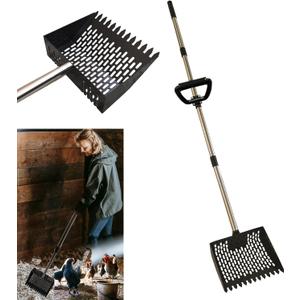 2 in1 Chicken Poop Scooper & Rake 10 Inch Chicken coop Scooper with Ergonomic Grip Adjustable Long Handle (22 to 62") Sifting Shovel Stainless Steel Metal Chicken coop Scoop