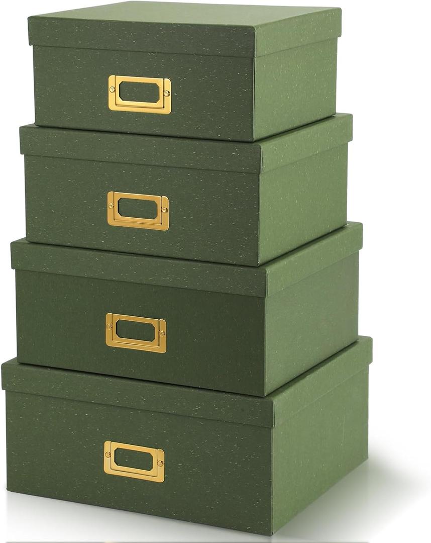 Eaasty Set of 4 Decorative Storage Boxes with Lids, Kraft Paper Boxes with Gold Label Holders, Decorative Photo Memory Keepsakes Storage, Cardboard Organizers for Home Decor, Office Organizing (Green)