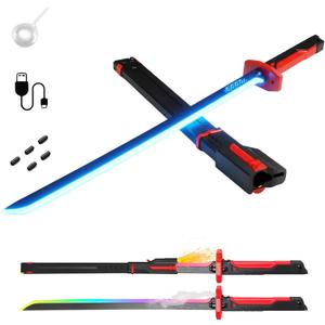31.5" Cyberpunk Spark Sword with Mist, Hit Sound & 8 Color LED Blade, USB-C Rechargeable Auto Pop-Up Light Up Saber Toy for Cosplay, Halloween Party Display