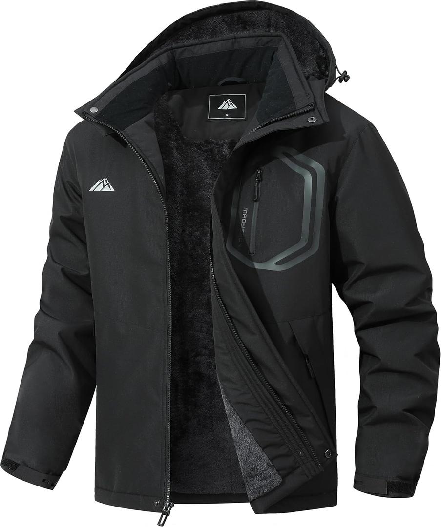 Men's Detachable Hooded Ski Jacket - Waterproof Padded Warm Lined Winter Jacket, Windproof Parka (Black)