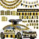 34pcs Graduation Car Decorations 2026 Inflatable Grad Cap with Black Gold Magnets Tinsel Garlands Banners Kit for Class Set of 2026 Party, Parade Float, Indoor Outdoor Hanging Decor