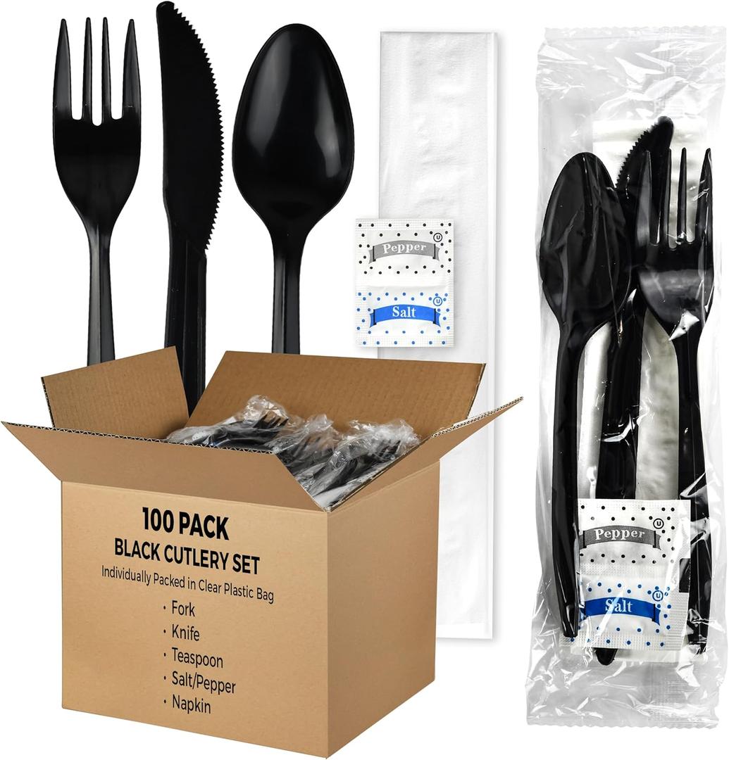 KitchenDine 100 Pack Medium Weight Wrapped Black Plastic Cutlery Pack with Napkin and Salt/Pepper Packets (Black)