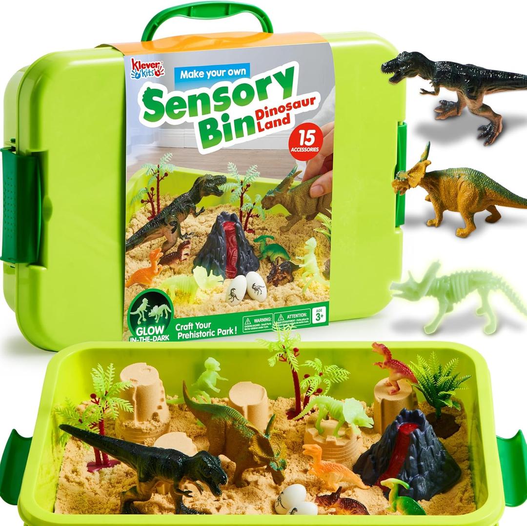 Klever Kits Dinosaurs Sensory Bin Toys for Toddlers with Glow in The Dark Dinosaurs, Sandbox with Lid Sand, Preschool Learning Activities Gifts for Boys Girls Age 3+ by JOVA