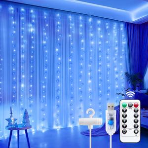 Minetom Curtain Lights, 300 LED Dimmable Fairy Lights with Remote and Timer, 8 Modes, USB Powered String Lights for Room Wall Party Xmas Indoor Decor, Blue & White Hanukkah Decorations Lights (1 Pack)