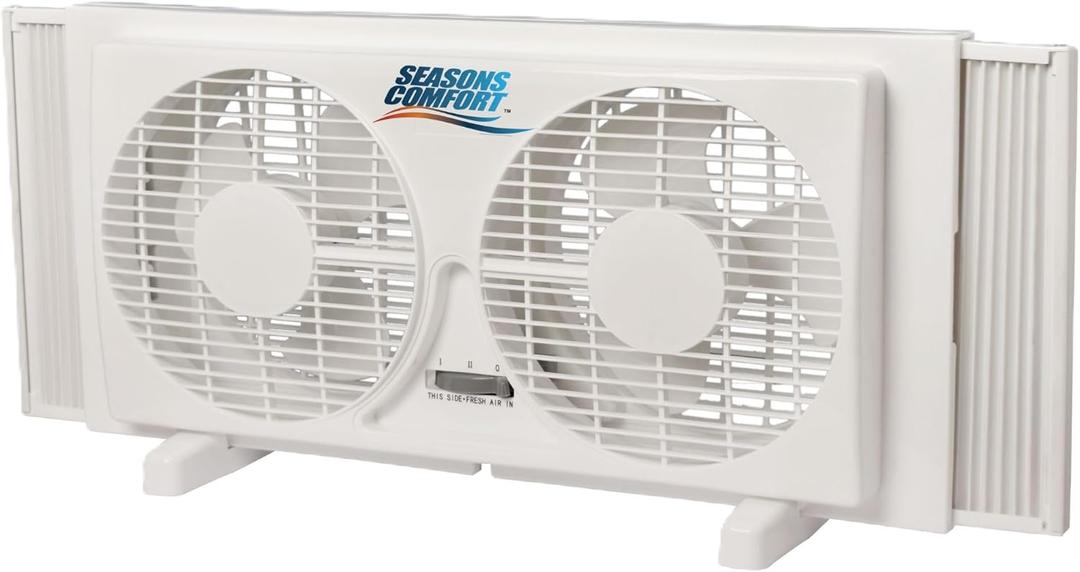 Seasons Comfort Twin Window Fan, Reversible Airflow Control, 9 Inch, 2 Speeds, Expandable, Exhaust, Dual Fan - Ideal for Home, Kitchen, Bedroom & Office, 11.5" H x 22.5" W x 6" D