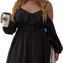WDIRARA Women's Plus Size Cold Shoulder Ruffle Trim Bishop Sleeve A Line Dress Black 2XL