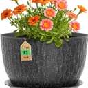 WSMKSZ 12 Inch Wide Water Ripples Flower Pots for Indoor or Outdoor Plants, Large Plant Pots with Drainage Holes & Saucer, Plastic Planters Set for Garden & Home Decor (Black with White Speckles)