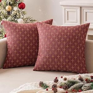 MIULEE Pack of 2 Christmas Decorative Burlap Linen Throw Pillow Covers Modern Farmhouse Pillowcase Rustic Woven Textured Cushion Cover for Sofa Couch Bed 20x20 Inches WineRed