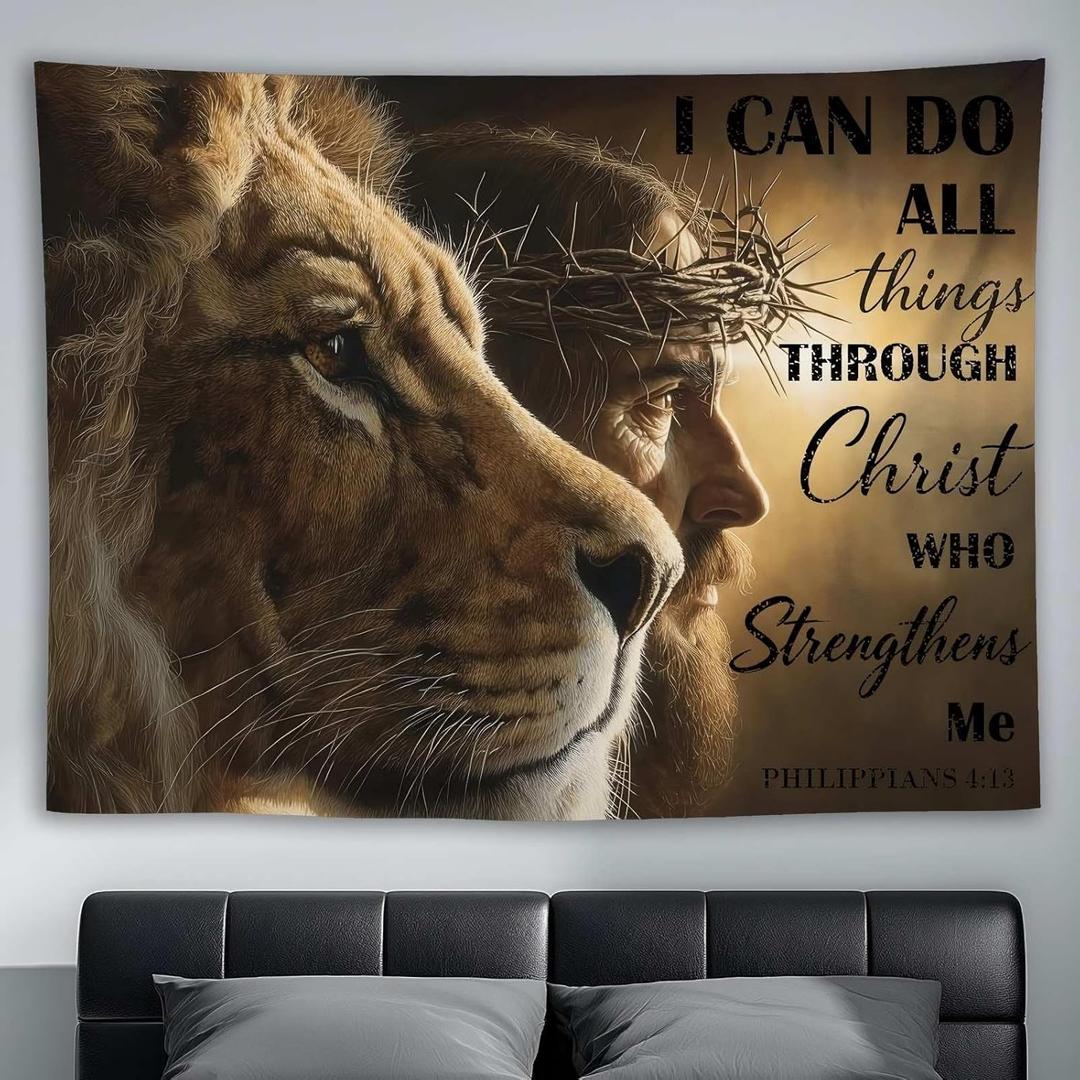 YJDYJD Lion and Jesus Christian Tapestry Wall Art I Can Do All Things Through Christ Scripture Fabric Wall Hanging, Inspirational Bible Verse Decor for Bedroom, Dorm, or Church, 80"L x 60"W