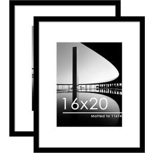 PEALSN 16x20 Picture Frame Set of 2, Display Pictures 11 x 14 with Mat or 16 x 20 without Mat for Wall Mounting Display, Poster Frames, Black.