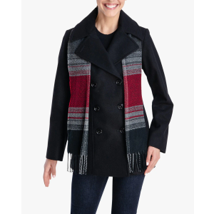 London Fog Double Breasted Peacoat With Scarf, Black, Size: S