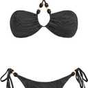 VOLAFA Triangle Bikini Set for Women Halter Swimsuit Beaded Solid Tie Textured Cheeky Swimwear Two Piece Bathing Suit (Black, M)