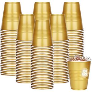 100 Pack Gold Plastic Cups 12 oz, Disposable Cups for Party, Heavy Duty Drinking Cup, Graduation Cups for Wedding Birthday, Valentine's Day Beer Taste Serving Sample Tastings Barbecues