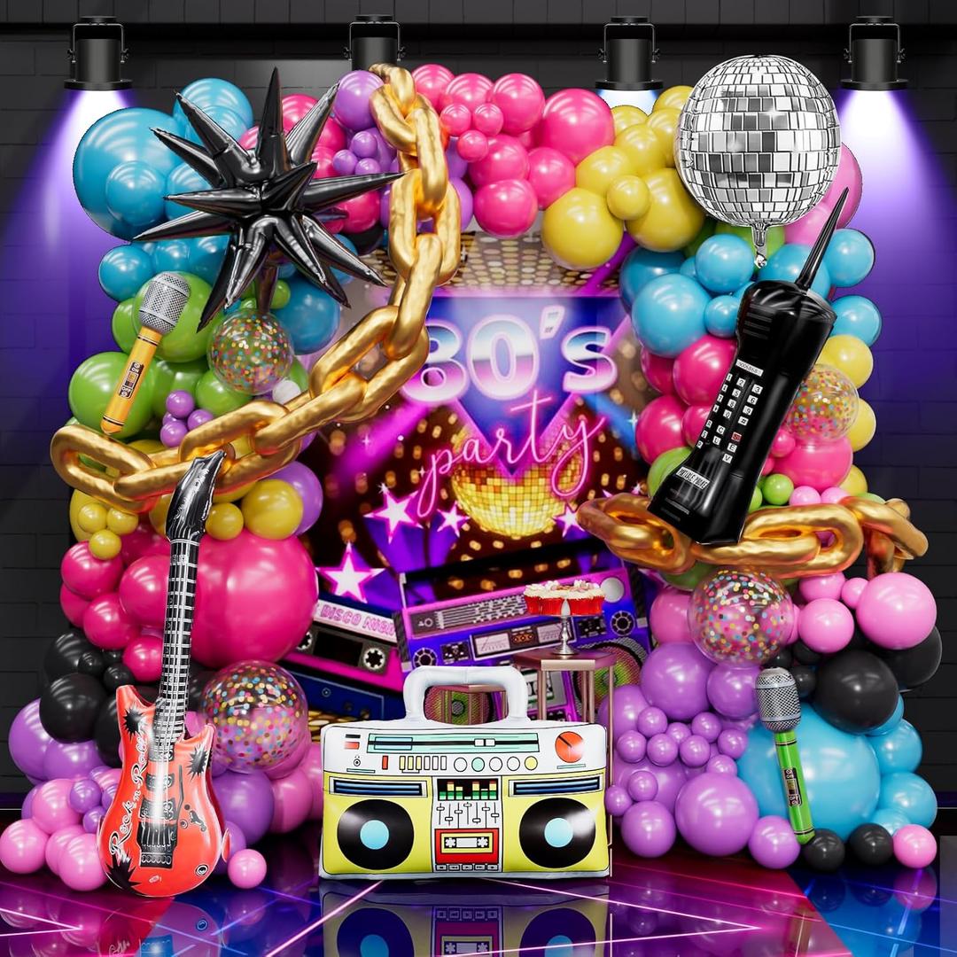 80s 90s Balloon Arch Kit  142 PCS Party Decorations with Starburst Foil Balloon, Boom Box, Disco Ball Chain, Retro Phone & More for 80s & 90s Theme Party Decorations