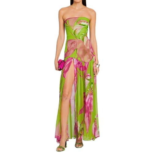 Women Tube Top Dress Tiger Stripe Mesh Patchwork Maxi Dress Strapless Sexy High Slit Long Dresses Party Clubwear (Green, M)