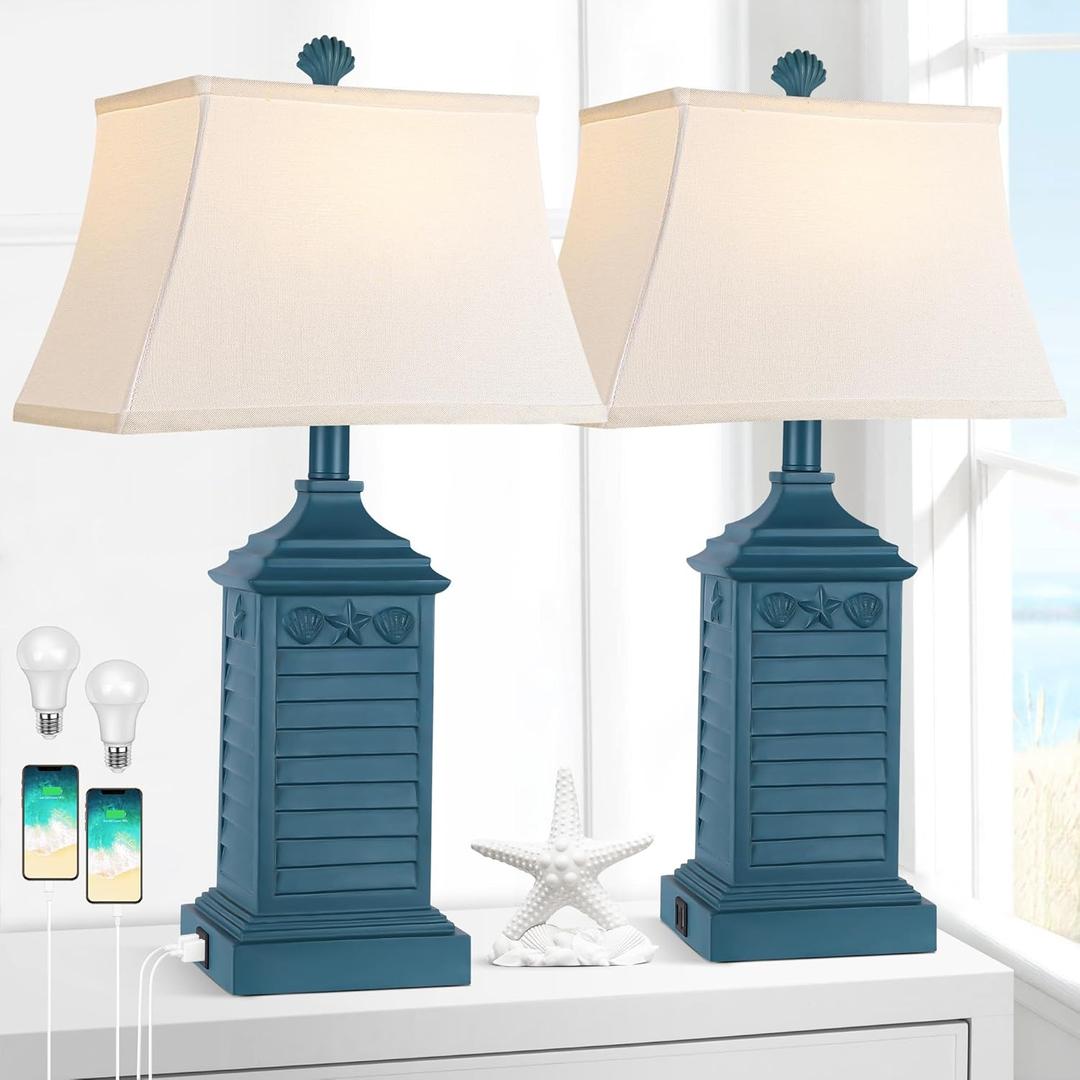 Set of 2 Table Lamps for Living Room Bedrooms, Coastal Nautical Navy Blue Bedside Nightstand Lamp with 2 USB Ports 1 AC Outlet, 3-Color Temperature Farmhouse Beach End Tables Lamp with LED Bulbs
