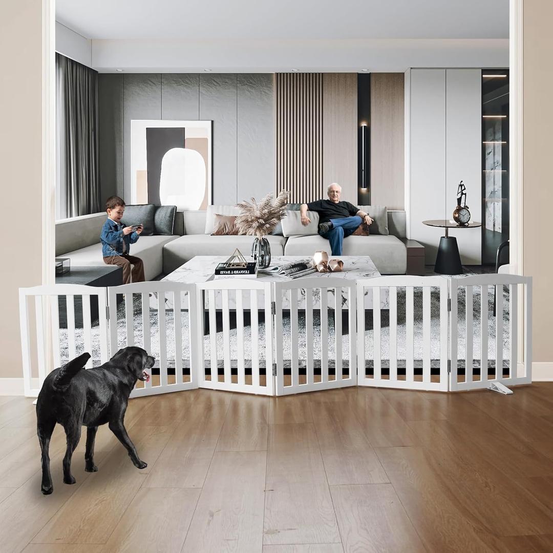 Freestanding Dog Gate Indoor,Doggie Gate Foldable Dog Gates for Doorways,Stairs or Hallways, Wooden White Pet Gate for The House, Pet Fence with Support Feet Included,24 "Height-6 Panels
