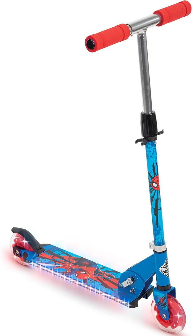 Huffy Light Up Inline Scooter for Kids, 2 Wheel Kick Scooter with LED Lights and Rear Brake, Foldable, Adjustable Handlebar on Select Models, Durable Frame, Licensed Character Graphics