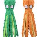 Dog Squeaky Toys Octopus - No Stuffing Crinkle Plush Toys for Puppy Teething, Durable Interactive Chew Toys for Small, Medium and Large Dogs Training and Reduce Boredom, 2 Pack (Orange+Green)