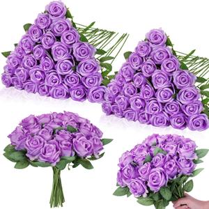 80 Pcs Roses Artificial Flowers, Silk Light Purple Artificial Flowers Petals Long Stem Roses for Wedding Bouquet Home Party Decor