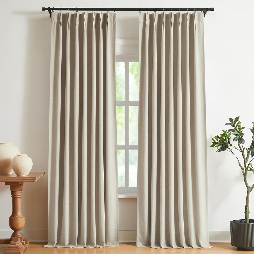 Vision Home Sand Pinch Pleated Full Blackout Curtains Linen Blended Room Darkening Window Curtains 95 inch for Living Room Bedroom Thermal Insulated Pinch Pleat Drapes with Hooks 2 Panel 40" Wx95 L