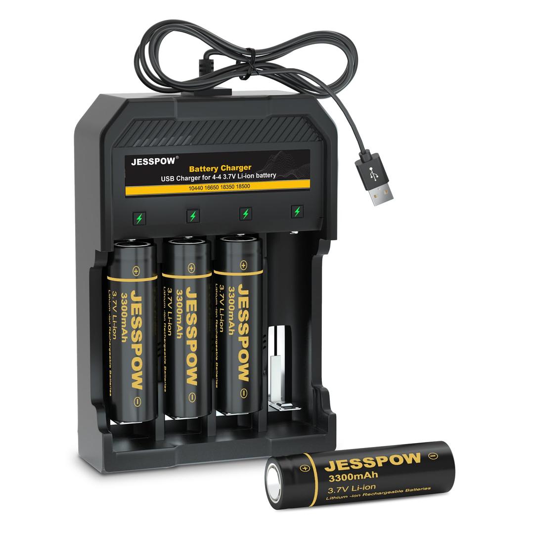 4 Pack Rechargeable Battery with Charger 3.7V Flat Top, Batteries for Headlamps, Flashlight, Camera, Small Fan, Outdoor Garden Lights