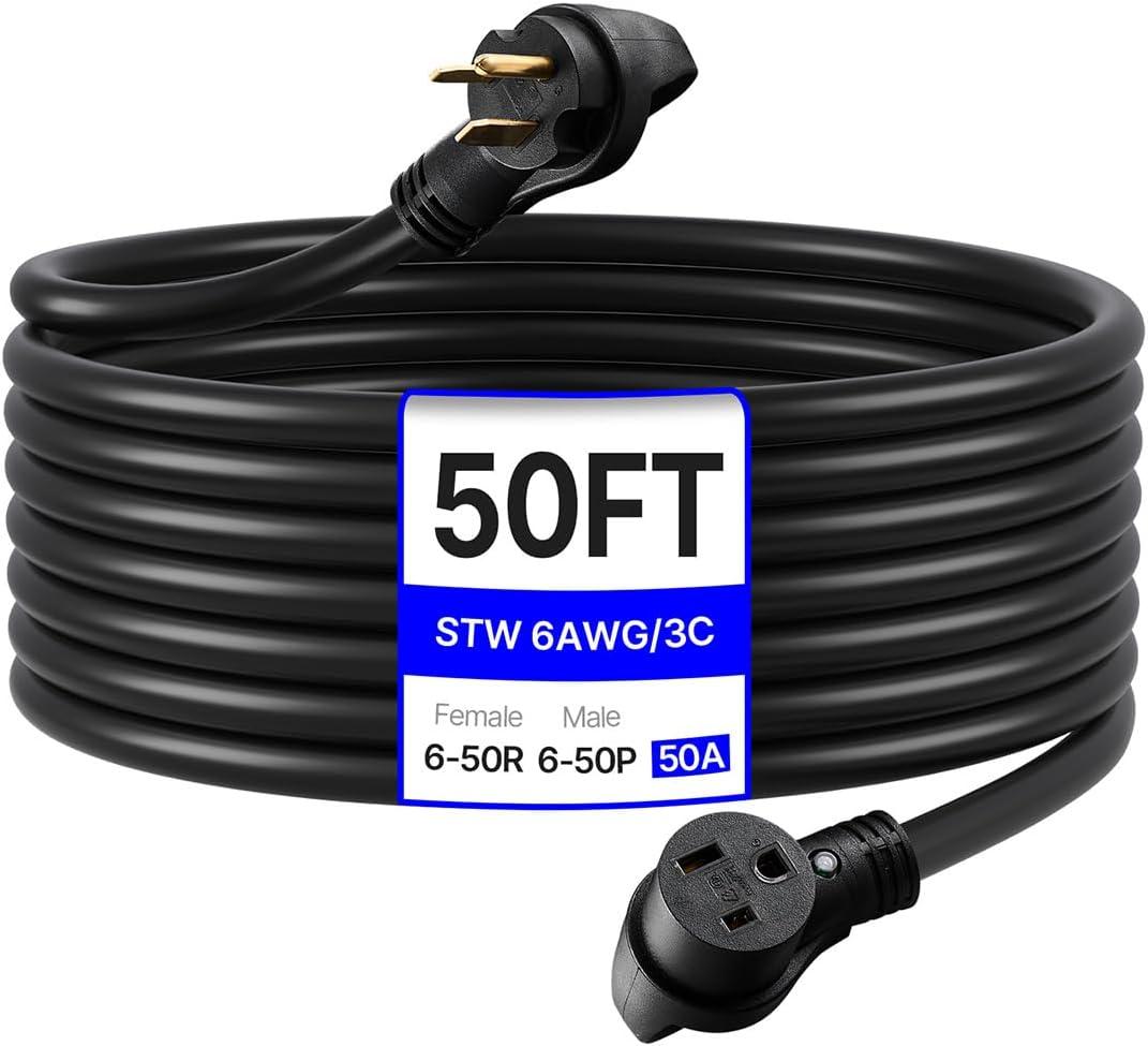 VEVOR 50 Amp Generator Extension Cord, 50FT, NEMA 6-50P to 6-50R SWT 6AWG | 250V 12500W Heavy Duty Power Cable, Welder Extension Cord, with Storage Bag, ETL Listed