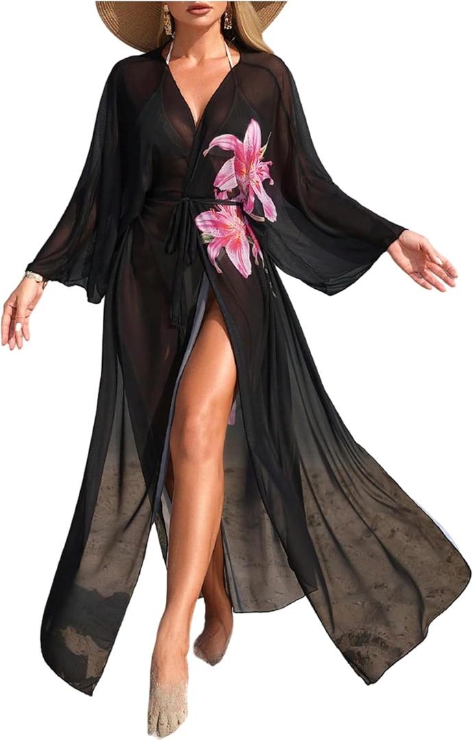 OYOANGLE Women's Swimsuit Cover Up Floral Long Sleeve Sheer Long Kimono Cardigans Beach Coverups (M)