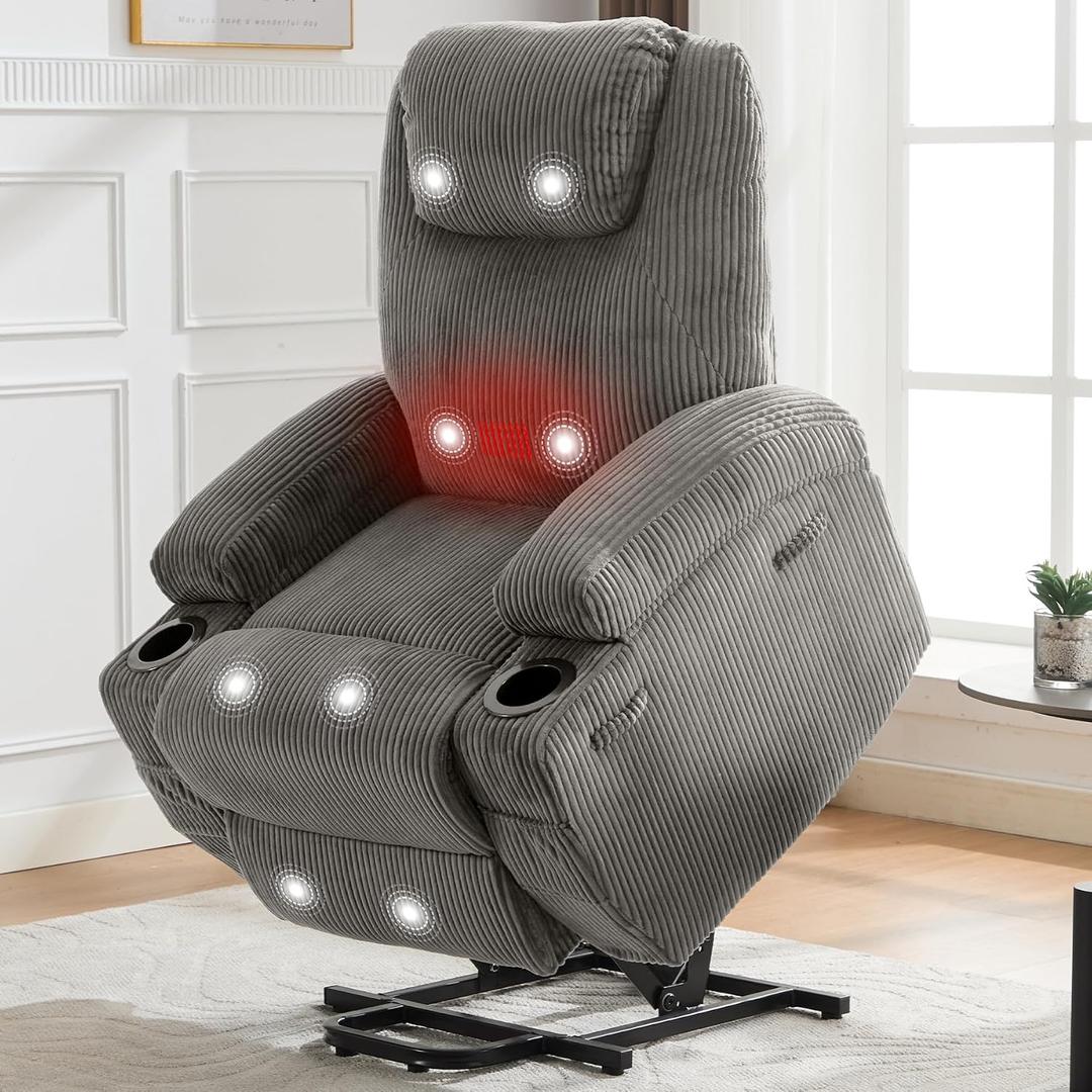 Power Lift Recliner Chair for Elderly,Lift Chair with Massage and Heat for Living Room,155Adjustable Corduroy Electric Recliner Chairs with 2 Cup Holders and Stand Assist for Living Room,Grey, Oversized