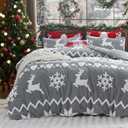 Bedsure Fluffy Christmas Duvet Cover Set - Ultra Soft Plush Shaggy Comforter Cover King Size, Warm Flannel Fleece Bed Sets for Winter, 3 Pieces, Reindeer Pattern, Grey