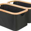 efluky Storage Baskets for Organizing, Fabric Storage Bins with Bamboo Handles, Collapsible Storage Baskets for Shelves and Closet, Black Set of 2