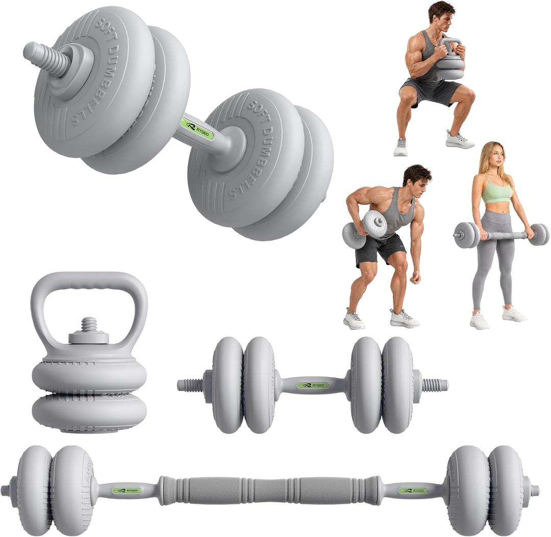 RYGEO Adjustable Dumbbell Set 22lb/44lb/66lb/80lbs Free Weights and Connector, Convert to Barbell, Kettlebells, All Floor Friendly Soft-shell Dumbbells, Home Gym Fitness for Men Women