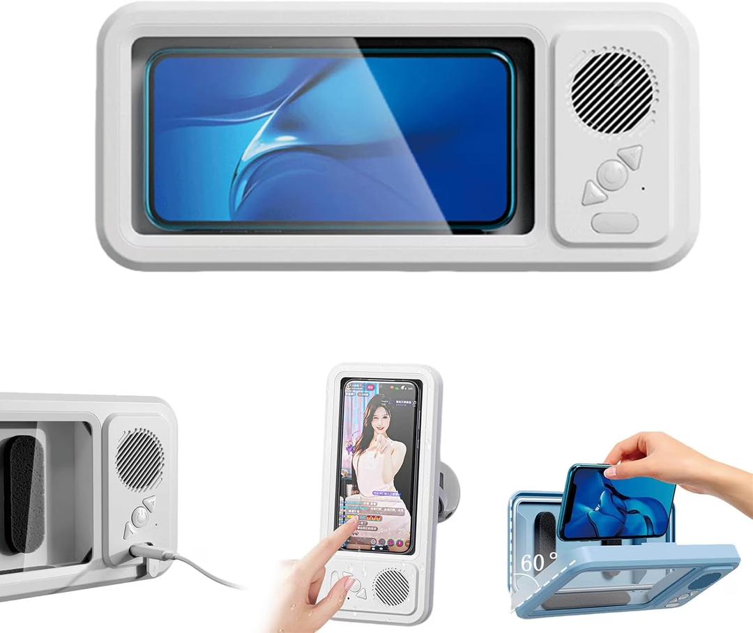 Splash Case for Shower Phone Holder Waterproof with Speaker Water Proof Wireless Bluetooth Holders of Bathroom Wall Secure Cell Proof BuiltIn Smart Mobile Holde Stand 360 Rotating 2in1 suction