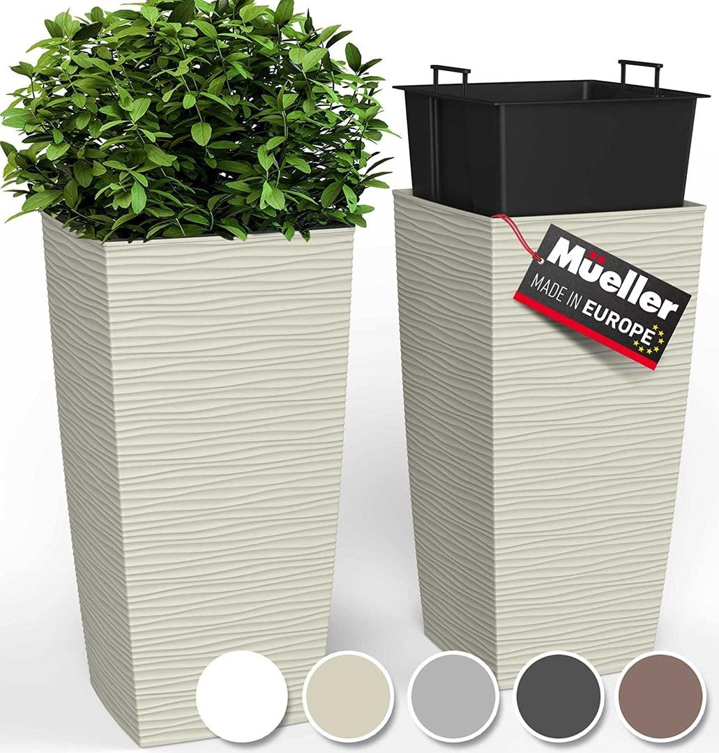 Mueller M-Resin Heavy Duty Tall Planter, Indoor/Outdoor Grande Plant, Tree, Flower Pot, 2-Piece Set, 27.5, Modern Design, Built-in Drainage, Beige (27.5 x 14")