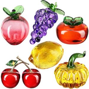 Reallnaive 6 Pcs Crystal Glass Fruit Decor Cherry Grape Persimmon Lemon Pumpkin Peach Figurine Collectibles Hand Blown Glass Fruit Decoration for Home Decor Gift for Wedding Birthday Wedding, 3.151.971.97 inches