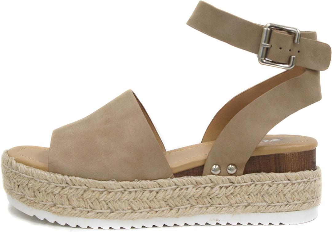 Soda Topic Open Toe Buckle Ankle Strap Espadrilles Flatform Wedge Casual Sandal (11, Dark Natural)