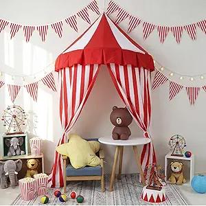 Preboun 4 Pcs Carnival Circus Tent Decor Backdrop 6 x 3 ft Red and White Indoor Reading Nook Hanging Party Decoration Canopy for Home Outdoor Circus Festive Birthday Candy Theme Party Photography
