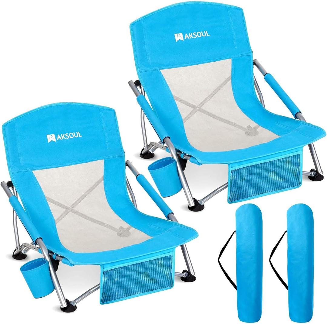 AKSOUL Folding Beach Chair for Adults: Low/High Back Chairs with Carry Bag - Extra Wide Seat Chair with Comfortable Pillow & Storage Pocket (1 Pack & 2 Pack, Blue) (Low Back Blue 2 Pcs)