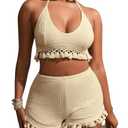 BEAUDRM Women's 2 Piece Outfits Tassel Trim Backless Halter Crop Top and Elastic Waist Shorts Sets (Apricot, Medium)
