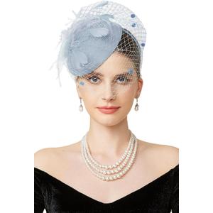 BABEYOND Fascinator Hat Veil Feather Fascinators Hair Clip Tea Party Pillbox Derby Hat Fascinator Bridal Wedding (Light Blue)