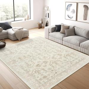 Area Rug 6x9, Washable Rugs, Stain Resistant Gray Area Rugs for Living Room Bedroom Dining Room, Vintage Farmhouse Rug Beige