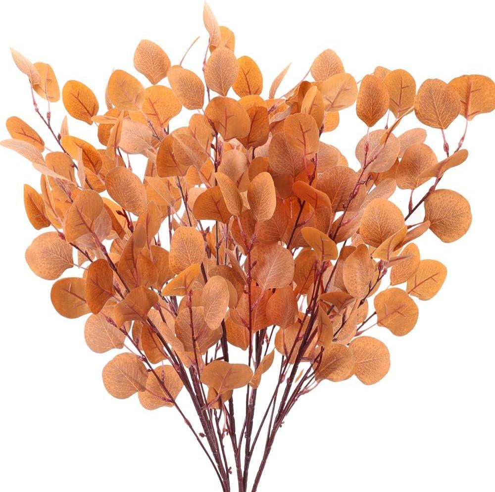 HUAESIN 4 Pcs Fall Floral Stem Fall Eucalyptus Stems Silk Silver Dollar Orange Eucalyptus Leaves Fall Decorations for Autumn Wreath Farmhouse Home Party Wedding Decoration