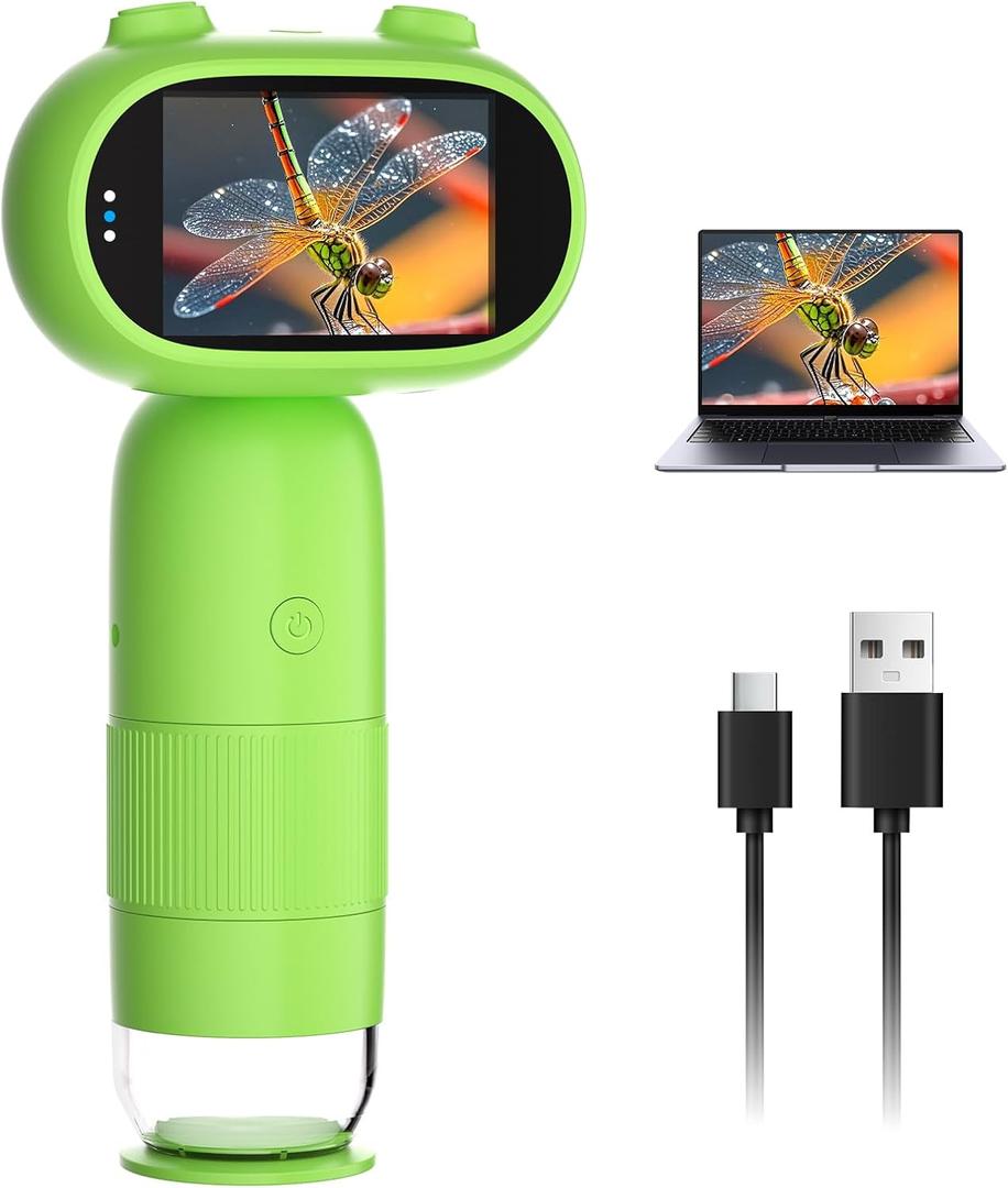 1000X Pocket Microscope for Kids – Railhorn Mini Microscope with 2" LCD Screen, 16MP Camera & 1080P Video, Handheld Magnifier with Light for Coins, Slides & Nature Exploration, STEM Toy for Ages 3-12