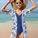 Dearnow Girls Swimsuits Size 14-16 One Piece Control Front Cross Ruched Tie Back Blue Solid Color Adjustable Straps Bathing Suit Swimwear with Drawstring Cover Up