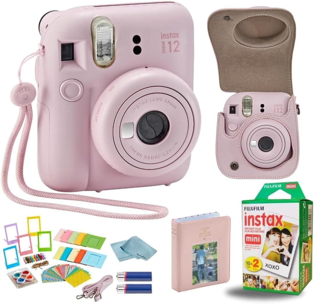 Fujifilm Instant Mini 12 Camera + Accessory Bundle & Compatible Custom Case + Fuji Instant (20 Shots) Designer Mini Photo Album (60 Pockets) (Blossom Pink)