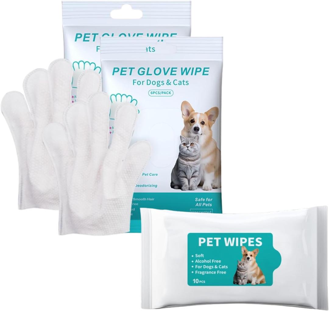 Disposable pet Cleaning Gloves Wet Wipes, Suitable for Daily Cleaning and Travel use. Two Packs of unscented Glove Wet Wipes (Green Packaging, 12 Pieces Each) + 1 Pack of Wet Wipes