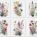 Colorful Wildflower Art,Watercolor Minimalist Wildflowers Art Print,Modern Botanical Plant Leaves Canvas Wall art,Blooming Flower Artwork for Garden Farmhouse Decor (Set of 6) - Unframed - 8X10 inch
