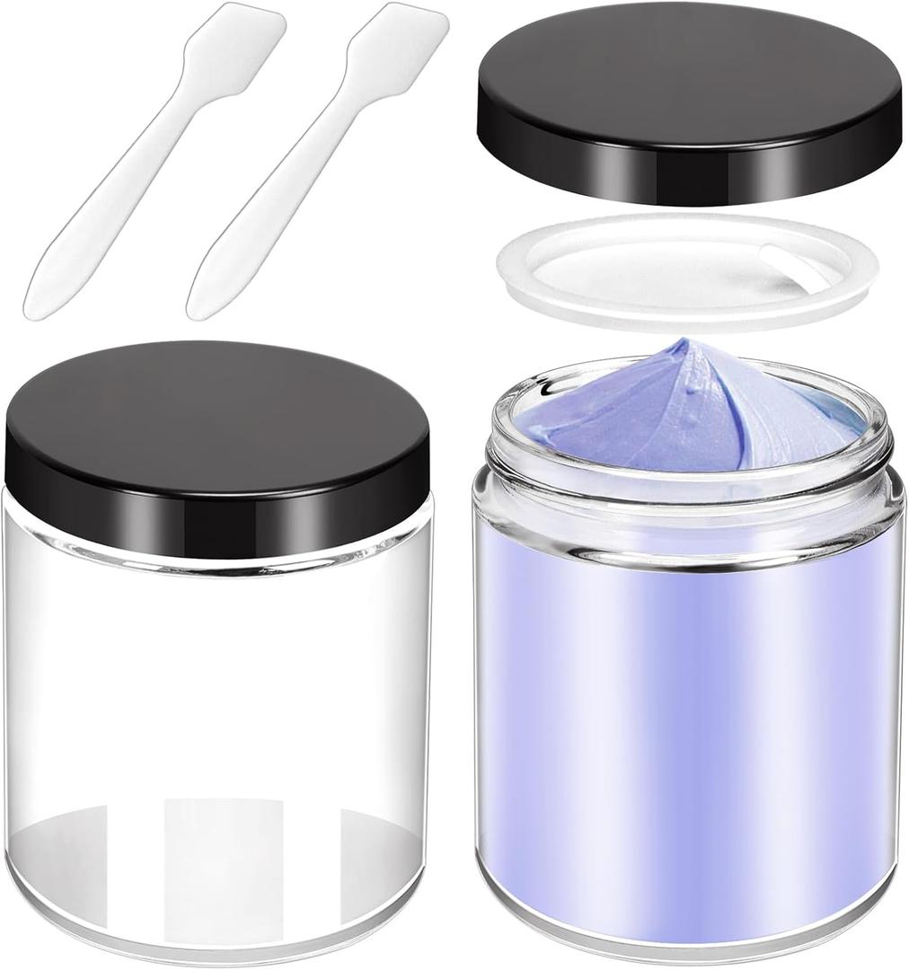MotBach 2 Pack 8oz Glass Jars with Lids, Round Glass Jars with Spatulas, Inner Liners and Black Lids, Empty Cosmetic Containers Travel Toiletries Container for Lotion, Cream, Makeup, Cosmetic, Slime