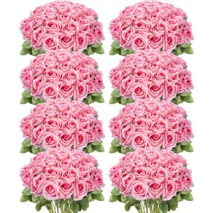 Hotop 120 Pcs Roses Artificial Flowers in Bulk,Long Stem Artificial Flower Bouquet,Silk Real Touch Fake Rose for Wedding Party Table Centerpieces Decor Valentines Gifts(Bright Pink)