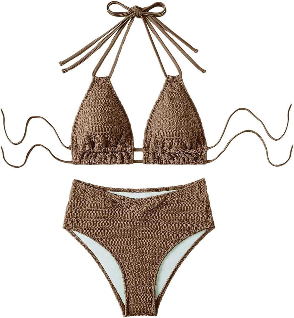 SweatyRocks Women's Two Piece High Waisted Bikini Sets Textured Halter Bathing Suit, Medium
